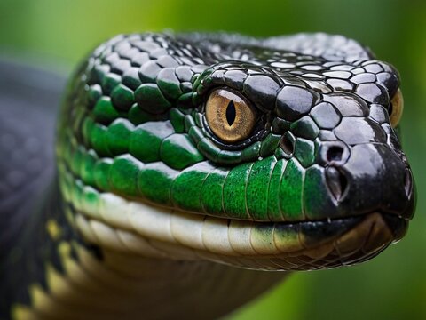 Extreme Close Up Side View Portrait of Green Snake with Detailed Scale Texture and Golden Eye in Tropical Jungle