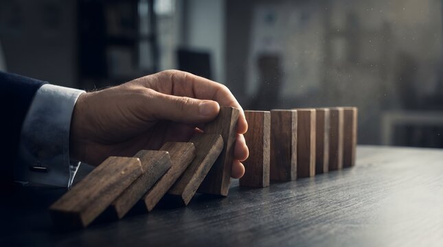Businessman in suit stopping domino effect with hand on wooden block