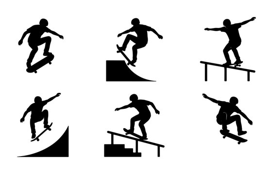 Skateboarder performing tricks silhouettes, jumping, grinding on rails and ramps Vector
