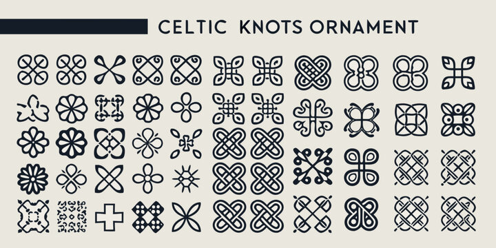 Collection Of Twenty Four Black Celtic Knot Ornaments On A Light Beige Background design knotwork