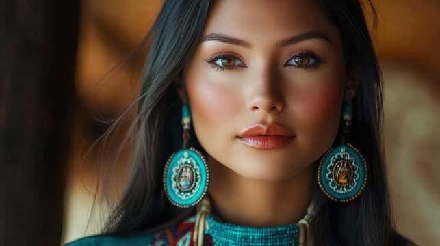 Beautiful Native American woman wearing traditional turquoise jewelry in dignified portrait with natural lighting, showcasing authentic indigenous heritage and cultural beauty