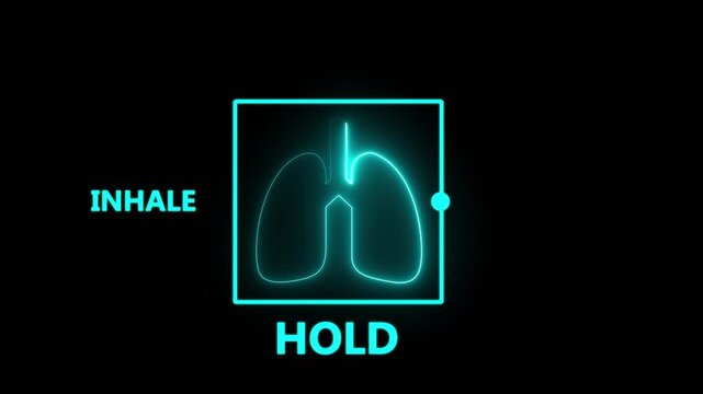 glowing neon a box breathing exercise guide with lungs icon and inhale-hold-exhale cycle .useful for meditation, motion graphic of relaxation and mindfulness concept.