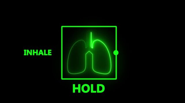 glowing neon a box breathing exercise guide with lungs icon and inhale-hold-exhale cycle .useful for meditation, motion graphic of relaxation and mindfulness concept.