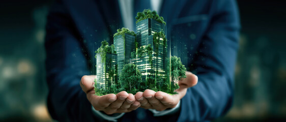Obraz premium Green building sustainable business eco friendly green city office tower urban forest corporate environment clean energy innovation, Businessman