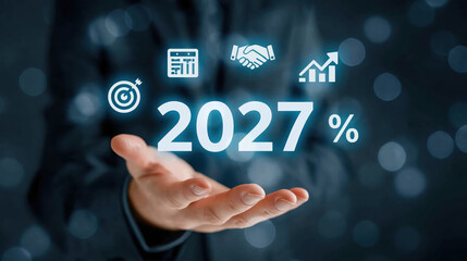 Fototapeta premium Business planning finance investment growth strategy goal success agreement target, open hand presenting business icons and growth concept with