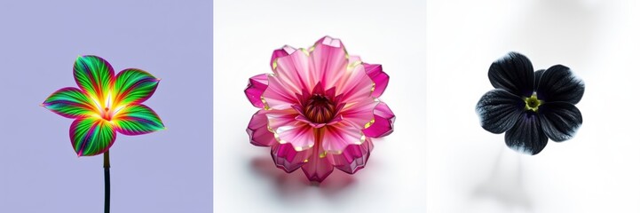 Fototapeta premium Floral display showcases vibrant blooms. Three distinct flowers present colorful petals, textures, beauty. Delicate details capture natures artistry.