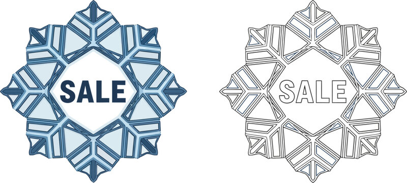 Title: Ornamental Winter Sale Geometric Icon

Description: A complex geometric star or snowflake shape with "Sale" text in the center, suitable for luxury winter promotions.