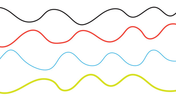 Four horizontal wavy lines in black, red, blue, and yellow on a white background