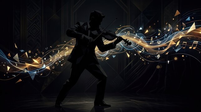 Silhouette of a musician playing violin with abstract musical notes