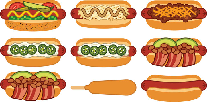 Gourmet Hot Dog and Corn Dog Vector Set Featuring Chicago Style Chili Cheese Jalapeno Bacon Avocado Sauerkraut and Plain Fast Food Varieties