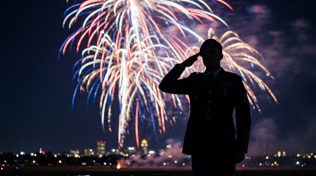 Silhouette Of Soldier Saluting In Front Of Fireworks City Skyline For 4th Of July