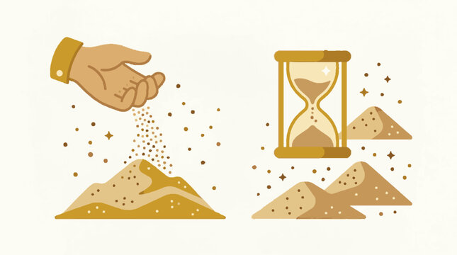 Conceptual illustration showing human hand pouring sand and hourglass with sand piles.
