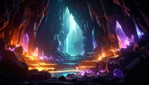 Fantasy cave with glowing crystals.