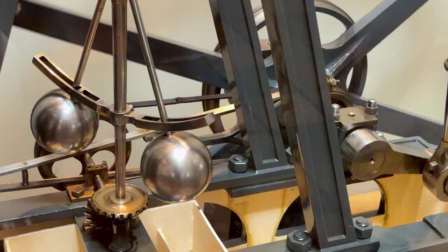 Close Up of Victorian Steam Engine Model with Rotating Centrifugal Governor