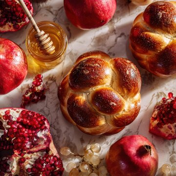 Artistic arrangement of pomegranates, apples, honey, and round challah on marble surface, elegant composition, perfect for Jewish holiday cuisine and traditional foods concept.