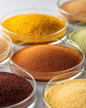 Different textured food stabilizers and emulsifiers in petri dishes showing fine powders and granular substances with distinct colors and consistencies, food technology ingredient analysis concept.