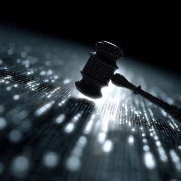 Floating gavel silhouette surrounded by shifting binary digits and digital glitch effects visualizing algorithmic bias in justice system, cyber law and artificial intelligence ethics fairness concept.