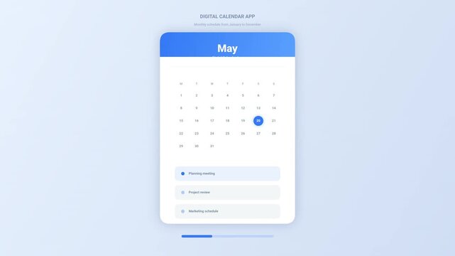 Digital Calendar App Interface with Monthly Navigation and Task Management