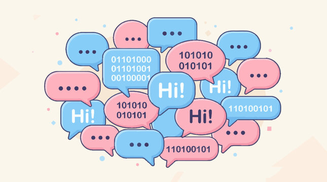 Chat bubbles with binary code and greetings representing digital communication.