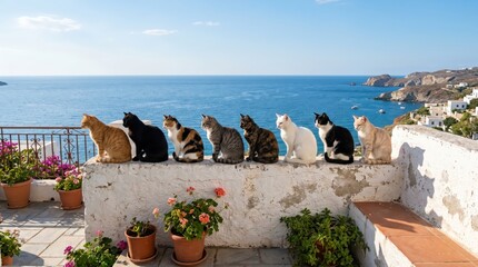 Obraz premium Row of cats sitting on white stone terrace wall overlooking blue sea and coastal village with potted flowers in warm morning sunlight; group of felines lined along balcony edge