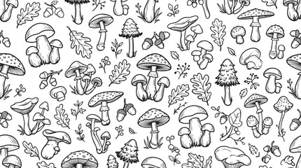 Vintage mushroom and acorn botanical line art seamless pattern © Vistara Studio