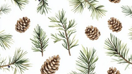 Naklejka premium Watercolor pine cone and evergreen branch christmas holiday pattern design illustration.