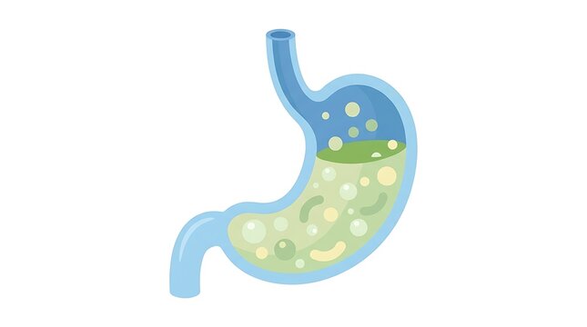 Anatomical illustration of the human stomach with digestive contents