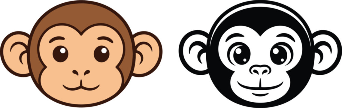 Cute monkey face mascot icon set with colored and black white cartoon vector animal illustration