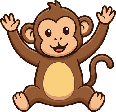 Cute cartoon monkey character mascot sitting with raised hands cheerful animal vector illustration isolated design
