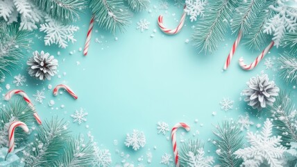 Obraz premium Festive christmas holiday border frame with pine branches candy canes and snowflakes on pastel blue background for winter seasonal designs.