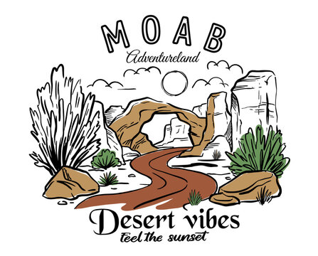 Moab Utah, desert landscape, adventureland, arches national park, vintage illustration, southwest, nature, travel, sunset vibes, canyon.