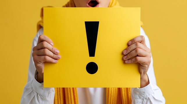 Woman holding a yellow sign with an exclamation mark