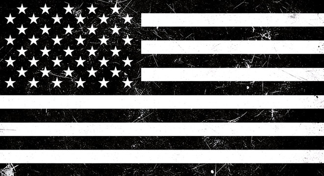 Distressed american flag texture with a black and white monochromatic color scheme, featuring visible scratches, worn fabric effects, and grunge style