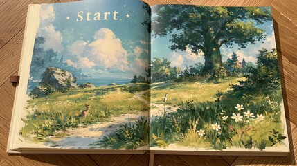Fototapeta premium Open book with a beautiful landscape and Start text