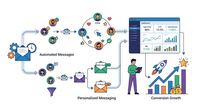 Digital marketing strategy concept with automated messages, personalized messaging, and conversion growth metrics