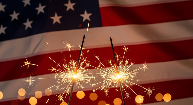 Two burning sparklers glowing against a blurred american flag background, for independence day, or patriotic holiday celebrations