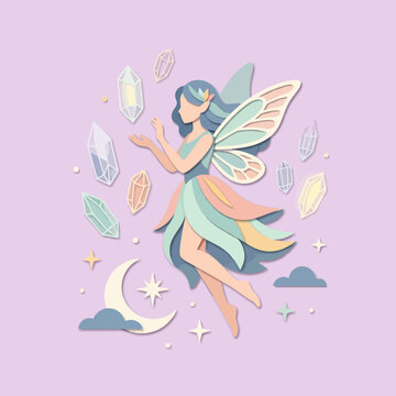 Pastel paper cut illustration of a fairy floating with crystals