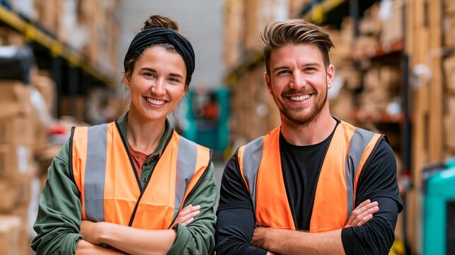 Two smiling warehouse workers in safety gear closeup