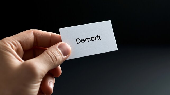 Hand holding a card with Demerit text on black