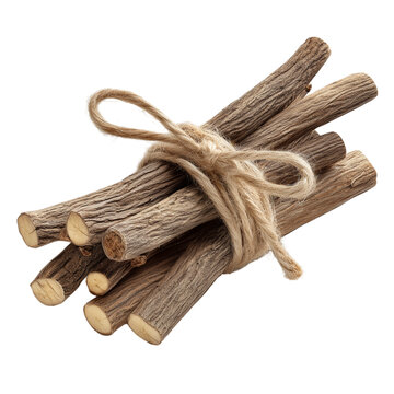 Bundle of dried licorice roots tied with twine isolated on transparent background