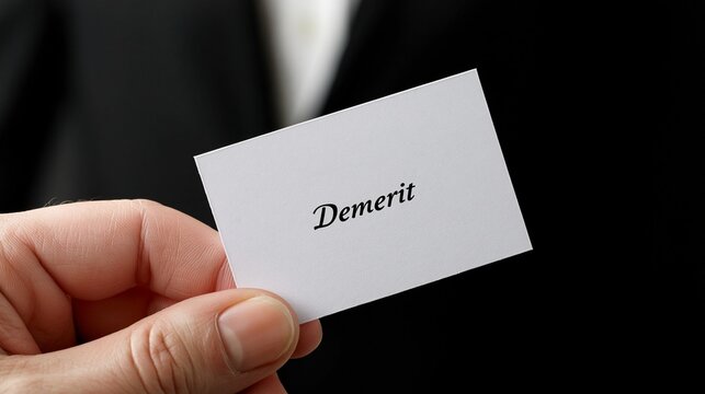 Hand presenting a Demerit sign against a businessman silhouette