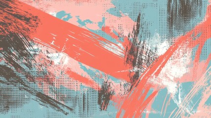 Fototapeta premium Abstract grunge background texture with bold brush strokes and halftone patterns in coral and teal for graphic design projects.