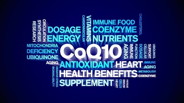 CoQ10 animated word cloud-text design animation tag kinetic typography seamless loop.