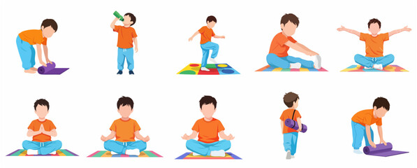 Fototapeta premium Set of vector illustrations of a little boy practicing yoga, stretching, and doing physical exercises on a colorful mat. Healthy lifestyle and wellness for children concept.
