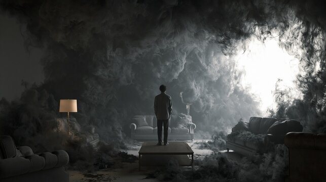 Man silhouette standing in a mysterious foggy landscape