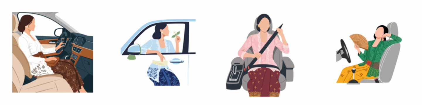 Set of illustrations featuring Indonesian women in traditional kebaya driving and sitting in cars, blending modern lifestyle with cultural heritage.