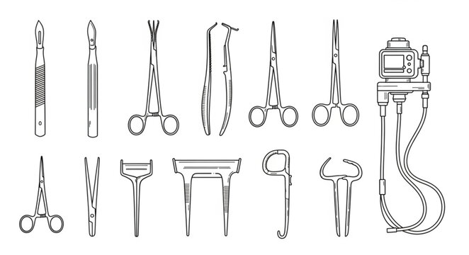 Medical tools and equipment for surgery are displayed on a table indoors.