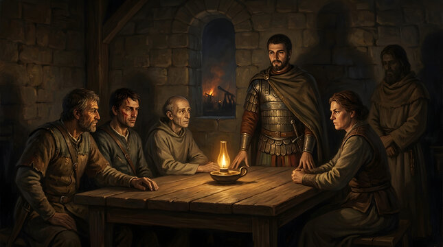 A medieval council of elders gathers around a candlelit table to discuss important matters, set against the backdrop of a rustic, dimly lit room with visible brickwork and a distant fire