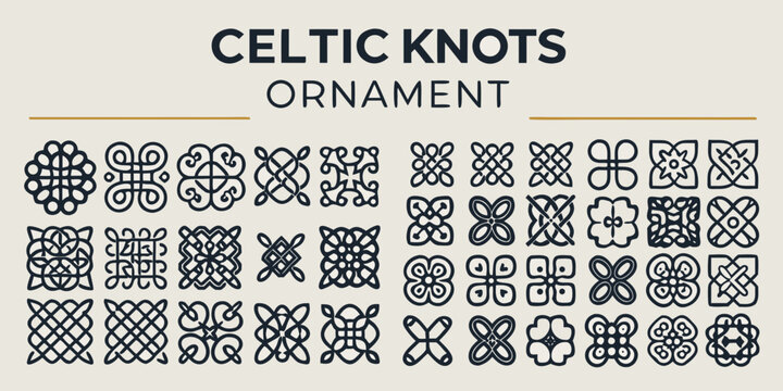 Collection Of Celtic Knot Ornaments Black Line Vector Illustration On Beige Background design knotwork interlace