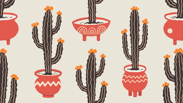 Minimal boho cactus seamless pattern vector background